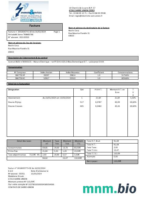 France Energies & Services Régie Municipal d' Electricité Sarre-Union electricity rachunek za usługi komunalne szablon w formacie Word i PDF, w pełni edytowalny